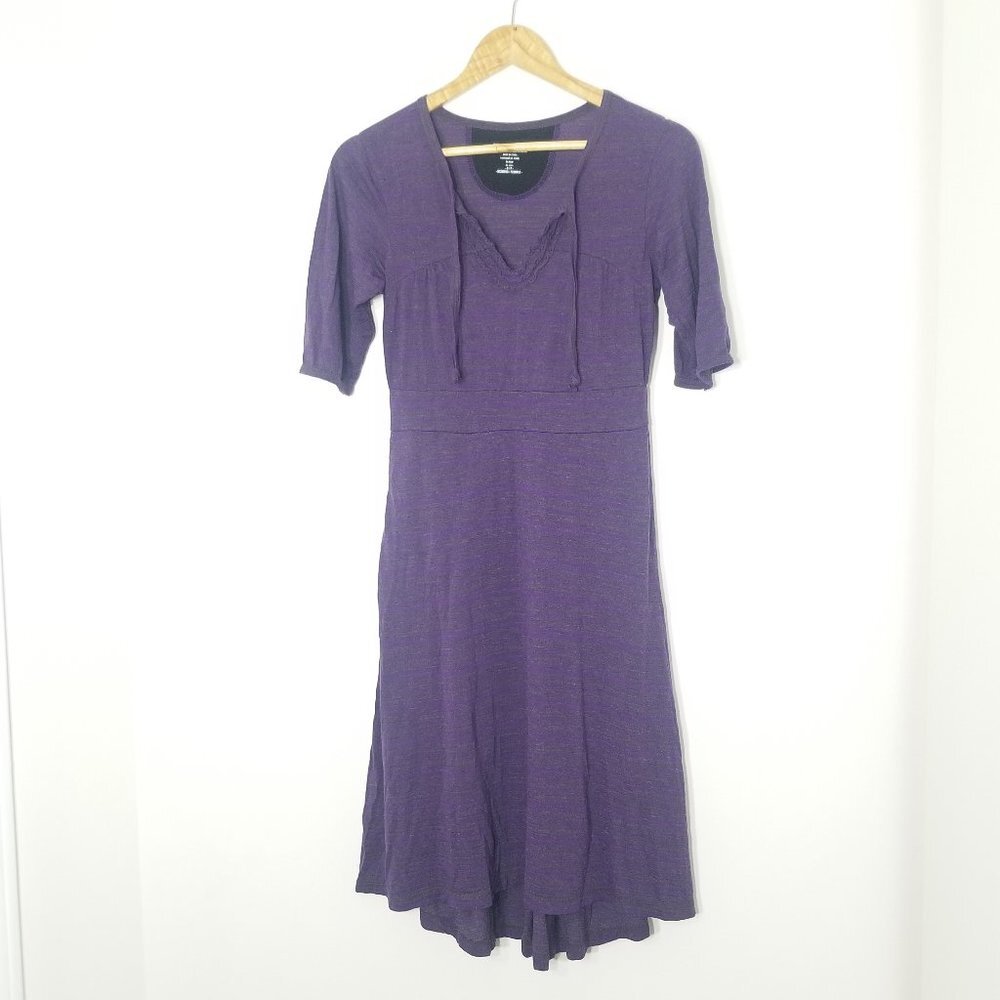 Exofficio A-Line Fit and Flare Purple Gray Striped Midi Dress Notch Neck